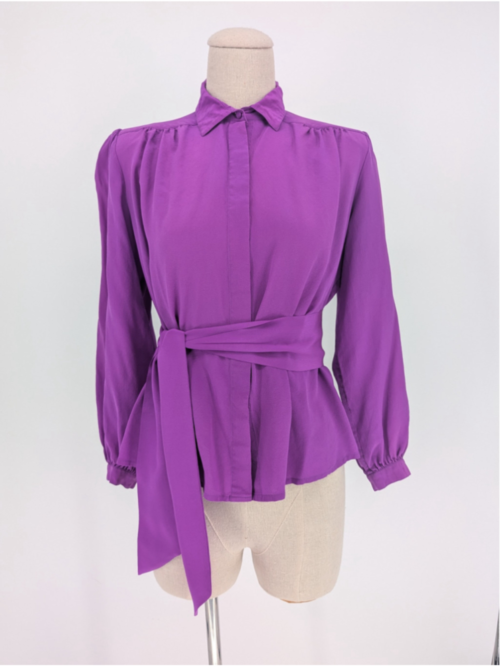 Vintage Silk Dragon 100% Silk Blouse Size 8 Purple Convertible Sash Bow Belt